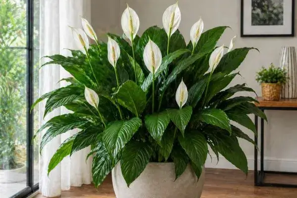 Lirio da paz gigante em vaso dentro de casa com folhas verdes largas e flores brancas saudáveis
