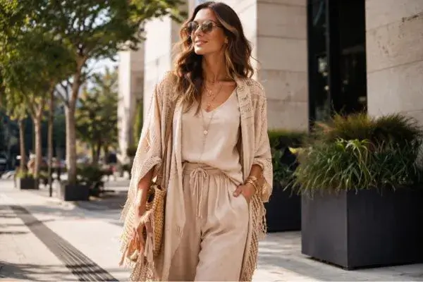 Moda Confortável: Tendências 2026 com Look Monocromático Bege e Estética Boho